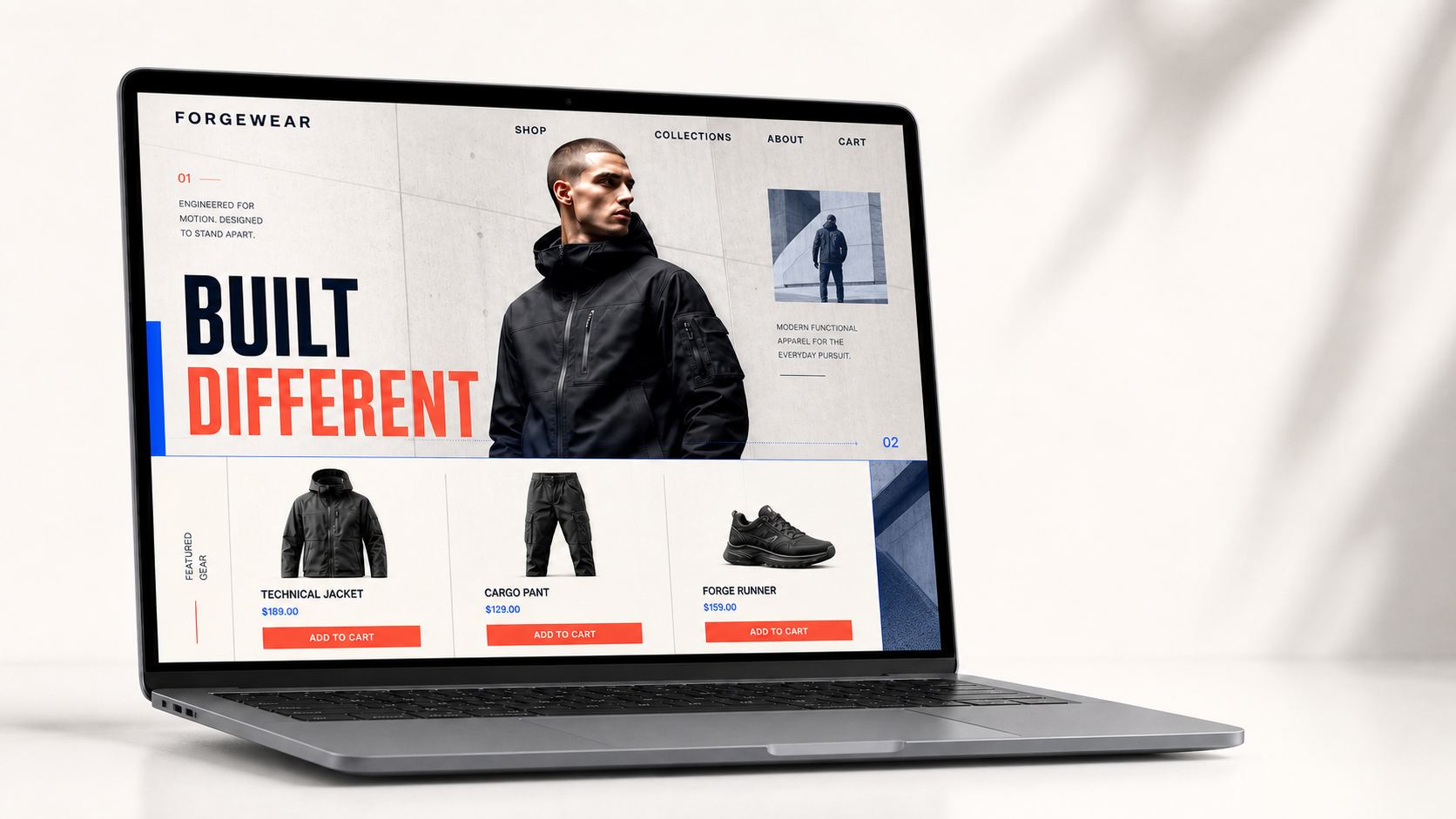 Forgewear athletic apparel e-commerce concept with featured gear and cart